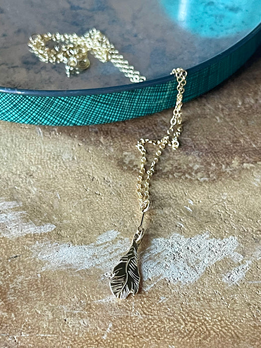 Brass Feather on Gold Filled Bar Dangle - Dainty Chain Necklace