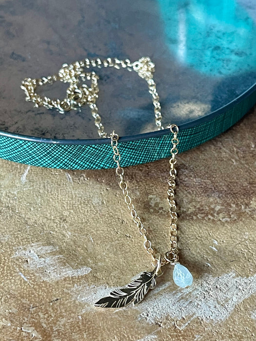 Brass Feather Charm Necklace with Moss Agate