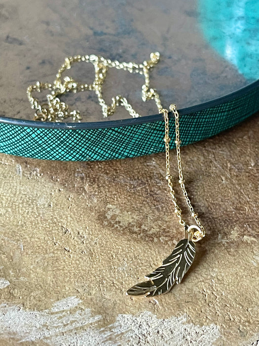 Brass Feather on Ball Chain Necklace