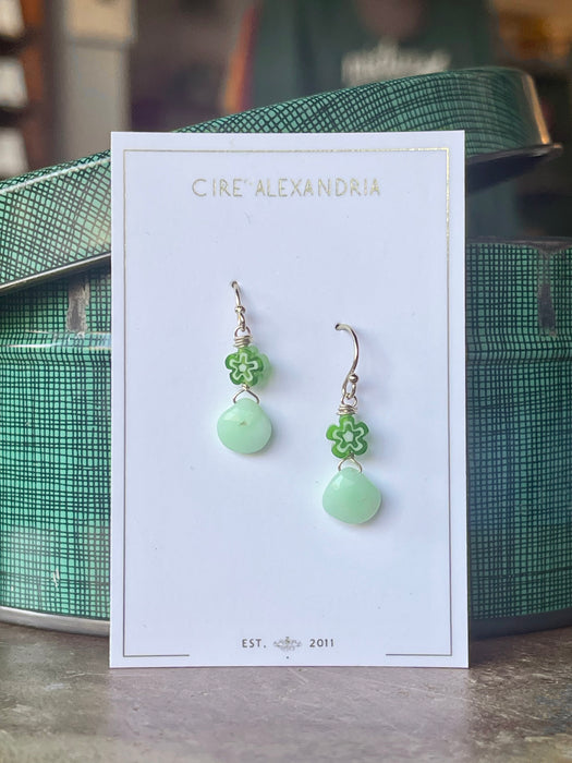 Green Glass Flowers with Chrysoprase Drops on French Hook Earrings