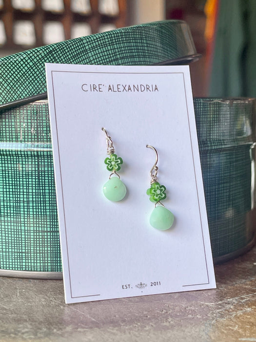 Green Glass Flowers with Chrysoprase Drops on French Hook Earrings