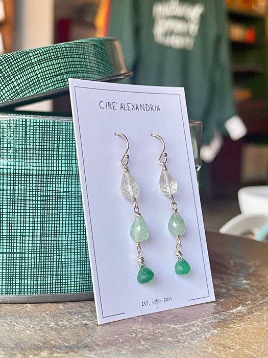 Triple Stone Long Dangle Earrings - Quartz/Moss Agate/Green Onyx