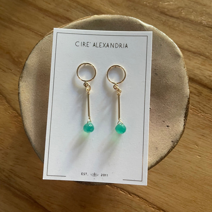 Circle Post Earrings with Green Onyx Drops