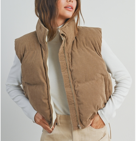 Corduroy Puffy Vest in Camel