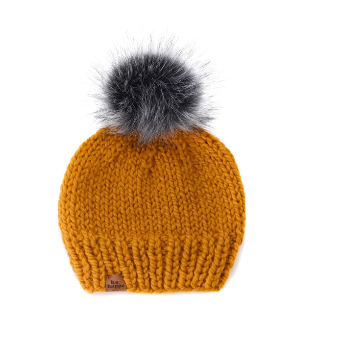 Hand-Knit Pom Pom Hat in Butterscotch